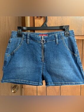 Guess Blue Denim High-Rise Zip Front Shorts